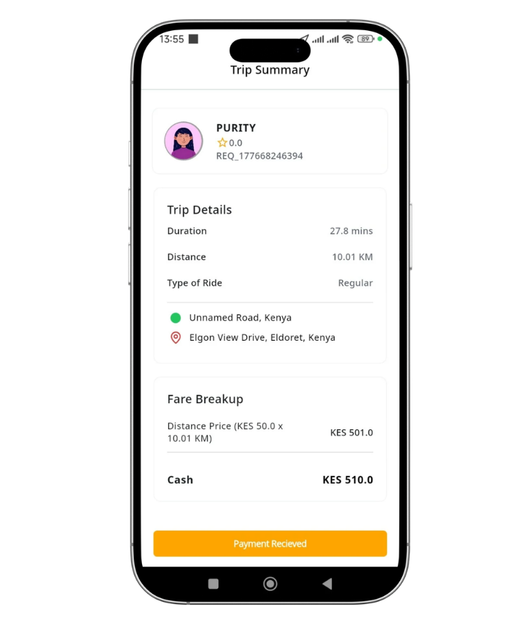 Sote driver earnings app screen